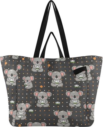 Generic Koala Gray Dots print Reusable Canvas Tote Bag, Heavy Duty Grocery Shopping Bag with Hard Bottom Large Capacity Double Handles Work Groceries Travel