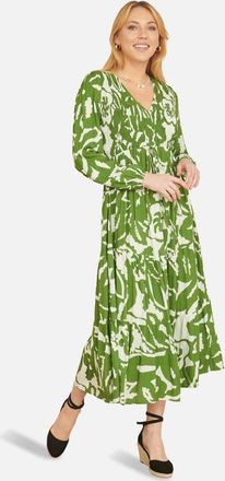 Yumi Abstract Print Ruched V-Neck Midi Dress in Green at Nordstrom, Size 10