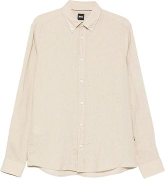 HUGO BOSS Liam Button-Down Shirt - Heren - Casual Overhemden - Beige - L - Linnen - Overhemden