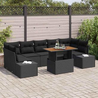vidaXL Vidaxl - Conjunto De Comedor De Jard&iacute;n Con Coj&iacute;n 8 Pcs Negro, Marr&oacute;n
