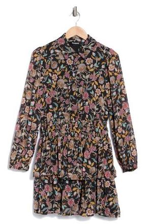 Desigual Floral Long Sleeve Smocked Waist Shirtdress in Dark Grey at Nordstrom Rack, Size X-Small