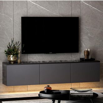 Dmora Mueble Tv Marazzi, Luces Led Incluidas, 3 Puertas, Apertura Abatible, 160x32x35h Cm Negro Antracita