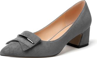 elashe Women Pointed Toe Block Heel Pumps Slip on Low Heels Pointed Toe Court Shoes Classic Buckle Design 2 Block Heeled Shoes Suede Grey EU36
