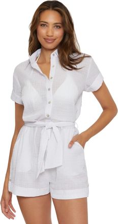 BECCA by Rebecca Virtue Cabana Cover Up Romper Women White Button Front Belted Beach FROG461