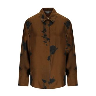 Max Mara Overhemden, Dames, Bruin, M, Bronzen Zijden Bloemenprint Shirt