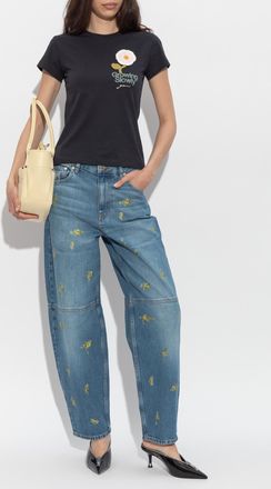 Ganni T-shirt With Colorful Embroidery, Womens, Black