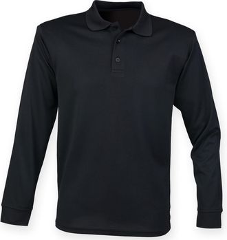 Henbury Mens Coolplus Moisture Wicking Long Sleeve Polo Shirt (XL) (Black)