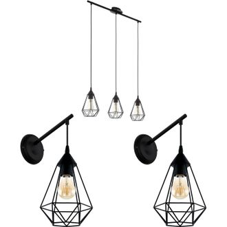 Loops Ceiling Spot Light & 2x Matching Wall Lights Black Wire Cage Wire Hanging Lamp