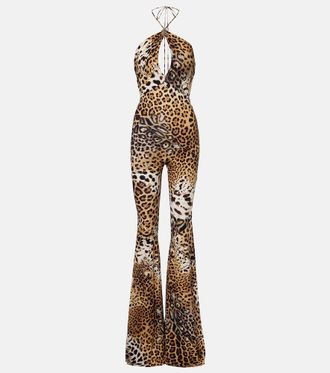 Roberto Cavalli Jaguar-print cutout jersey jumpsuit