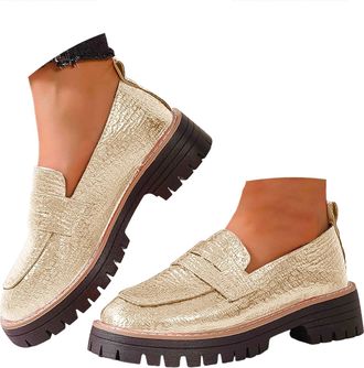 Generic Womens Lug Sole Chunky Loafer Platform Comfortable Slip-On Dressy Business Casual Work Shoes Fashion Round Toe Leather Loafers for Women Lightweight L