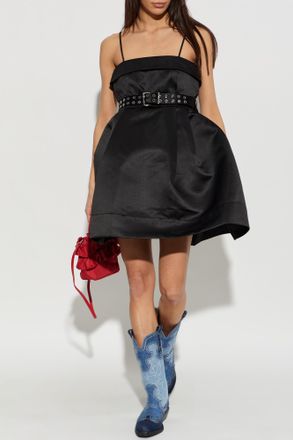 Ganni Dress With A Waist Belt, Womens, Black