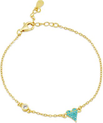Savvy Cie Jewels GOLD PLATED OVER STERLING SILVER.925 TURQUOISE PAVE HEART WHITE CZ STATION ACCENT BRACELET