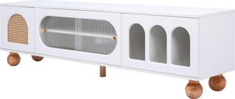 STILVORA Mueble De Tv Con 3 Nichos Abiertos, Puertas Efecto Rat&aacute;n Y Vidrio, Puerta Corredera De Cristal, Blanco, 170&times;47&times;37 Cm
