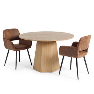 Urban Meuble Conjunto mesa redonda 120 cm y 2 sillas marr&oacute;n efecto cuero y metal