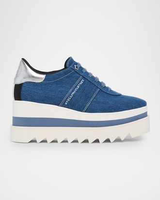 Stella McCartney Sneak-Elyse Denim Toothed-Sole Platform Sneakers