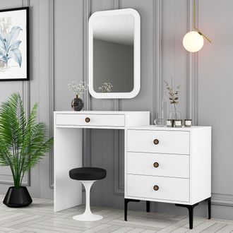 Dmora Toeletta Meltina, Mueble De Maquillaje Con Espejo Incluido, 4 Cajones, Con Patas, 124x40x85h Cm Blanco