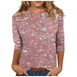 Generic Sparkly Tops for Women UK 3/4 Sleeve Shirts Trendy Casual T-Shirts Sparkle Sequin Tops Evening Party Clubbing Tshirt Plus Size Glitter Tees Loose Fit 