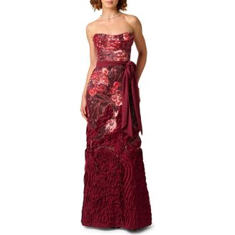 Aidan Mattox Beaded Floral Embroidered Strapless Gown in Mahogany at Nordstrom, Size 10