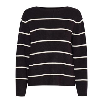 Ichi Gestreepte Gebreide Trui Meteoriet Amandelmelk - Dames - Ronde hals truien - Zwart - M - Polyester - Truien & Vesten