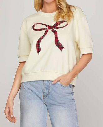 She + Sky Plaid Bow Accent Top In Cream