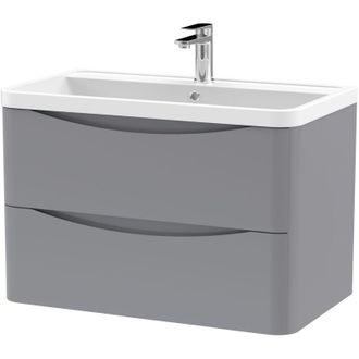 Nuie Nuie - Lunar Satin Grey 800mm Wall Hung 2 Drawer Vanity Unit and Polymarble Basin - LUN204