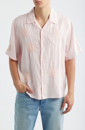 Wax London Didicot Chunk Embroidered Flowers Linen Camp Shirt in Pink at Nordstrom, Size Xx-Large