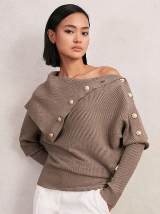 Reiss Taupe Rib-knit Button Shawl Jumper, XS