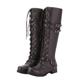 Generic WomenS Dark Brown Riding Boots Mid-Calf Winter Fashion Boots with Rivet Buckle and Square Heel Lace-Up Casual Female Footwear Size 40