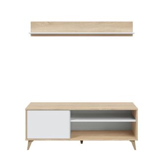 HOMN Mueble tv 1 estante 1 puerta, color roble/blanco, 135 x 40 x 50 cm