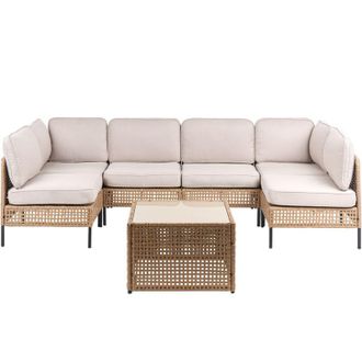 Beliani Sof&aacute; Modular De Exterior En Forma De U De Rat&aacute;n Sint&eacute;tico Con Mesa De Centro De Vidrio 6 Plazas Estructura De Metal Con Cojines Beige Claro Omegana