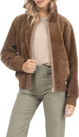 Gorski Reversible Textured Genuine Shearling Bomber Jacket in Camel/camel at Nordstrom, Size Large
