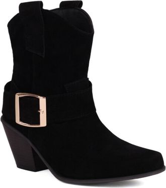 Generic Womens Western Ankle Boots Pointed Toe Block Heels with Buckle-Strap Durable Non-Slip Comfortable Slip-On Stylish Casual Daily Party Shoes,Black,7.5 U