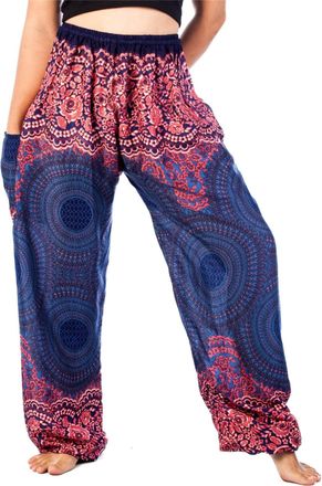 Lofbaz Harem Pants for Women Hippie Boho Festival Clothing - Bohemian Trousers for Yoga Beach Summer - Smocked Waist with Pockets - Rose 1 Dark Blue XXL Plus