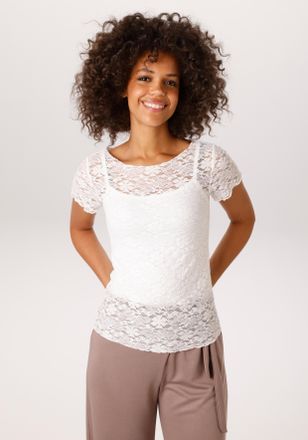 Aniston T-Shirt ANISTON CASUAL, Damen, Gr. 34, wollwei&szlig;, Spitze, Obermaterial: 99% Polyamid, 1% Elasthan, Strukturmuster, unifarben, sehr figurbetont h&uuml;ftlang