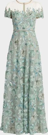 Mac Duggal Beaded Floral Applique Illusion Gown