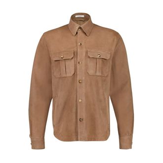 Boglioli Leather Jackets, male, Brown, Size: L Brown Leather Button-Up Overshirt Jacket