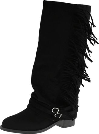 Generic Wide Calf Knee High Boots Women Casual Tassel Fold Over Booties Solid Color Chunky Heel Pleated Stylish Comfortable Pull On Long Boots Fall Winter