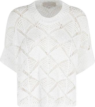 Antonelli Oleandro Knit - Dames - Ronde hals truien - Wit - M - Pailletten - Truien & Vesten