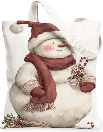 Generic Winter Snow Man Canvas Tote Bags, Cold Character Pattern Reusable Shopping Bags, Holiday Vintage Chic Lightweight Washable, White, 13x15 Inch