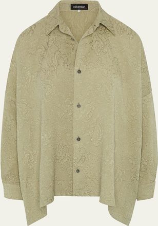 Eskandar Damask Cloque Wide Longer-Back Shirt With Collar (Mid Plus Length)