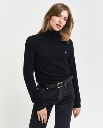 GANT Rollkragenpullover GANT EXTRAFINE LAMBSWOOL ROLLNECK, Damen, Gr. L, schwarz, Strick, Obermaterial: 90% Wolle, 10% Polyamid, regular fit, Rippb&uuml;ndchen,