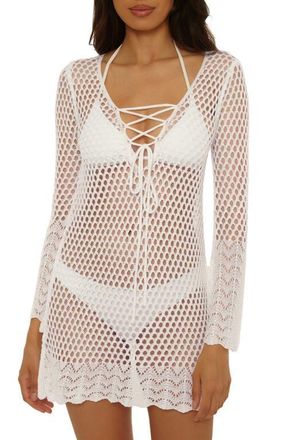 BECCA by Rebecca Virtue Treasure Island Long Sleeve Reversible Open Knit Cover-Up Tunic in White at Nordstrom, Size Medium