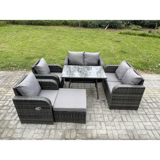 Fimous Wicker pe Rattan Garden Dining Set Outdoor Furniture Sofa with Rectangular Dining Table Big Footstool Dark Grey Mixed - Fimous