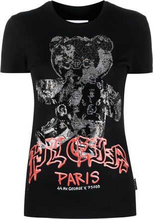 Philipp Plein crystal-embellishment print T-shirt - women - Elastane/Polyester - L - Black