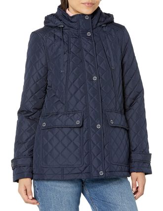 Tommy Hilfiger Womens Quilted Contrast Snaps Button Down Jacket, Navy, L