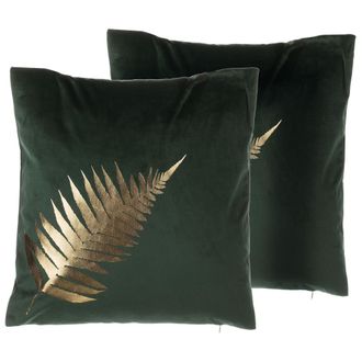 Beliani Beliani - Conjunto De Cojines Decorativos De Terciopelo Verde 45 X 45 Cm Estampado De Hoja Con L&aacute;mina Dorada Decoraci&oacute;n Moderna Fern