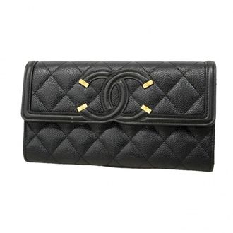 Chanel Black Grained Calfskin Long Wallet (Bi-Fold) (Pre-Owned)