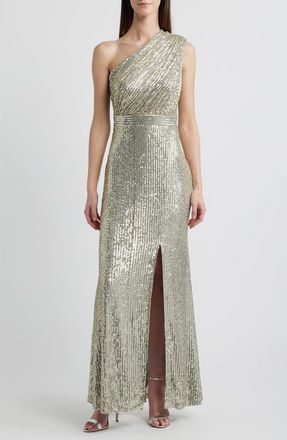 Vince Camuto Sequin One-Shoulder Sheath Gown in Pewter at Nordstrom, Size 18