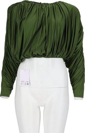 Self Portrait Green Ruched Voluminous Viscose-Blend Top