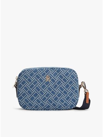 Tommy Hilfiger Womens Allover Flag Print Denim Crossbody Bag - Blue